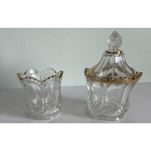 Vintage EAPG US Glass Biscuit Jar w/Lid and Sugar bowl with gold Trim